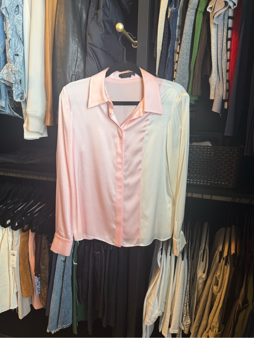 Alice + Olivia Two-Tone Satin Button-Up Blouse in Pink and Cream